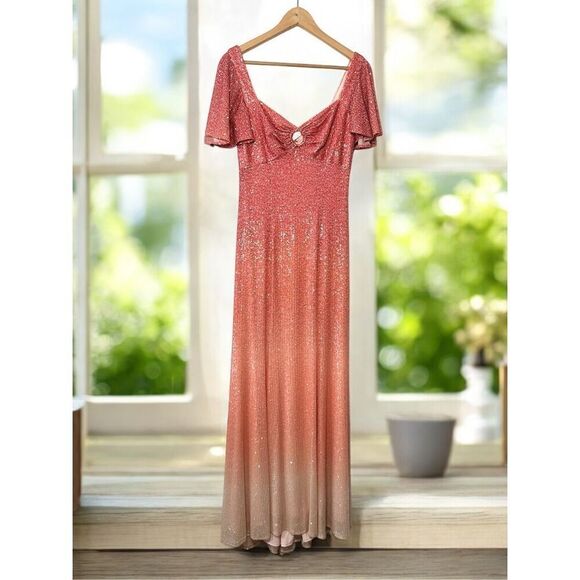 Theia Couture $749 Ombre Sequin Flutter Sleeve Maxi Evening Gown NWT - Picture 2 of 15